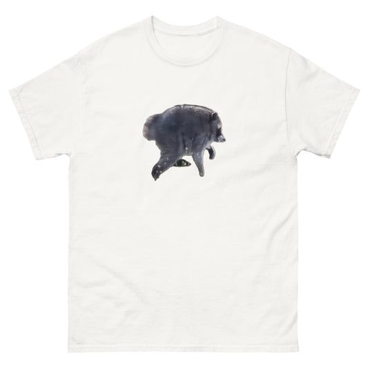 white t shirt with an image of Jimothy the round raccoon on the front
